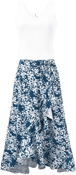 Patpat Family Matching Floral Print Ribbed Tank Top and Skirt Set