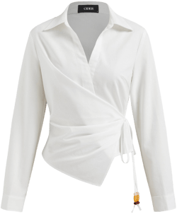 Woven Linen-Blend Collar Long Sleeve Wrap Beaded Blouse