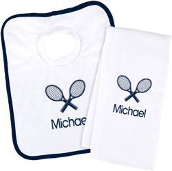 Personalized Baby Boy Bib and Burp Cloth Set - 100% Cotton Embroidered Burp Cloth with Tennis Racquets -Perfect Accessory to Handle Clean Up
