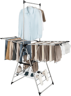 Tangkula 2-Layer Stainless Steel Drying Rack, Foldable Laundry Rack w/ 1 Hanging Bar & 2 Height-Adjustable Wings, 23 Drying Rails, Netting Clothe Drying Rack, No Assembly Required 62" x 24" x 75"