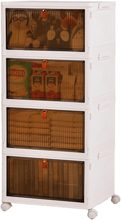 VECELO 4 Tier Foldable Storage Bins, Plastic Toy Lockers, Clothes Stackable Organizer With Lockable Wheels, White