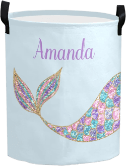Mermaid Blue Large Laundry Basket Custom Name Foldable Clothes Bag Collapsible Fabric Laundry Hamper Folding Washing Bin for Gift