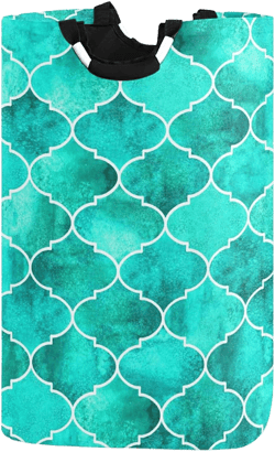 Vintage Turquoise Teal Moroccan Tiles White Watercolor Geometric Laundry Hamper Basket Bucket, Foldable Dirty Clothes Bag, Waterproof Fabric Washing Bin, Toy Storage with Handles for Bathroom