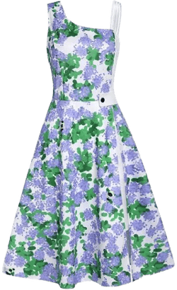 Floral Skew Neck Slit High Waisted A-Line Dress