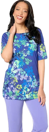 Susan Graver Regular Printed Liquid KnitBateau Neck Top, Size XX-Small, Indigo/Jade