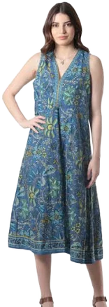 Blue Garden Sleeveless Floral-Motif Cotton A-Line Dress