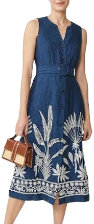 J.McLaughlin Margarette Linen Floral Embroidered Split V-Neck Sleeveless Midi Dress Womens