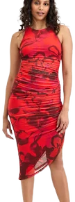 BarIII Women's Printed Ruched Mesh Midi Dress