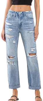 Rigid High Rise Cuffed Distressed Boyfriend Jeans