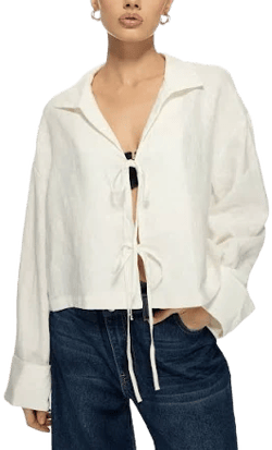 MISSGUIDEDLinen Lightweight Bohemian Style Tie Front Blouse