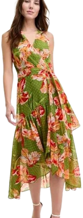 Anne Klein Women's Floral-Print High-Low Faux Wrap Midi Dress