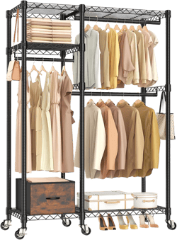 Rolling Clothing Rack for Hanging Clothes, Heavy Duty Clothes Rack with Wheels, Portable Metal Wardrobe Racks Heavy Duty, Free Standing, 76" Tall with Max Load 630LBS with Drawers Matte Black