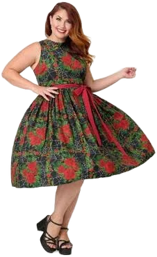 Unique Vintage Women's Gothic Roses Sleeveless Cotton Swing Dress