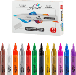 Asani Paint Pens Acrylic Markers Set (12-Color) | For Rock Painting, Glass, Wood, Porcelain, Ceramic, Fabric, Paper, Kindness Rocks, Mugs, Calligraphy, Unique Arts and Crafts Supplies (Medium Point)