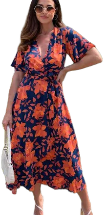 SilkFred Floral Print Plunge Neck Midi Wrap Dress