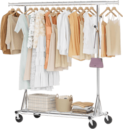 Hoctieon 1-Minute Assembly Clothes Rack, 480 lbs Heavy Duty Rolling Clothing Racks with Wheels, Foldable Garment Rack, Extendable Hanging Bar, Adjustable Metal Pole with Hooks, Chrome Silver Single Rod