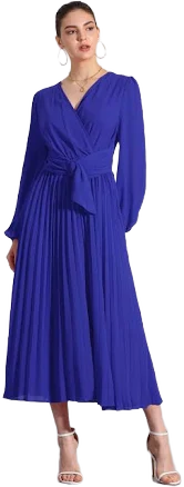 Allegra K Women's Elegant Pleated V-Neck Puff Sleeve Tie Waist