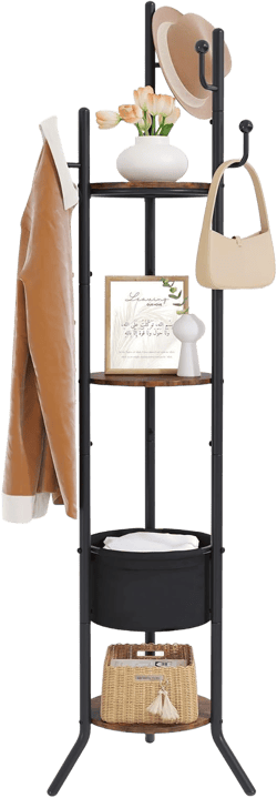 Hoctieon Coat Rack Freestanding, Round Coat Rack with 3 Wooden Shelves and 1 Fabric Basket, Metal Clothes Tree with 5 Hooks, Coat Hanger Stand for Clothes, Hats, Bags, Brown and Black