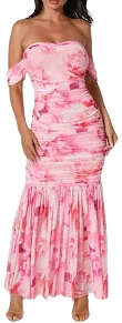 Bebe Women's Off Shoulder Ruched Mesh Gown