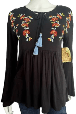 One World Floral Embroidered Boho Peasant Blouse