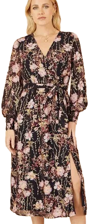 Yumi Foiled Floral Print Wrap Midi Dress
