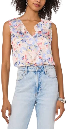 Vince Camuto Women's Floral Ruffle V-Neck Sleeveless Blouse