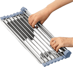 Over The Sink Dish Drying Rack, Roll Up Dish Drying Rack Kitchen Dishes Rack Stainless Steel Sink Drying Racks, Foldable Dishes Drainer, Gray (17.5''x15.7'')