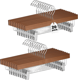 Quality Hangers Wooden Pants Hangers - 20-Pack Swivel Hook Cloth Hanger Set - Lotus Wood Skirt, Pant, Shorts and Slack Hangers with Adjustable Clip (Walnut - Chrome Hook, 20)