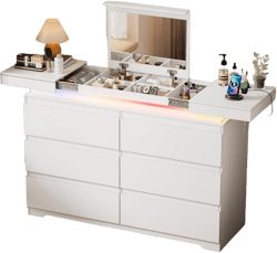PAKASEPT White Dresser with Mirror for Bedroom, Modern 6 Drawers Dresser with Charging Station & LED Lights, Chest of Drawers with Sliding Desktop
