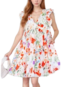 Floral Double Ruffle Sleeve V Neck Mini Dress
