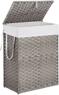 Laundry Basket with Lid, 90 L Hand-Woven Pp Rattan Laundry Basket with Compartments & Handles, Foldable, Removable Liner, Gray