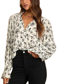 Lulus Beige Floral Print Button-Up Long Sleeve Top Womens