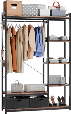 Clothes Rack, Heavy Duty Garment Rack for Clothes, Industrial Clothing Racks with Shelves, 2 Fabric Drawers and 6 Side Hooks, Freestanding Metal Wooden Closet Organizer, Rustic Brown ZER-010