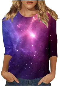 Erkkoi Women Summer Tops Casual 2025 Shirts Trendy Galaxy Print Stylish 3/4 Sleeve Top Fashionable Cosmic Comfy Women Blouses Soft