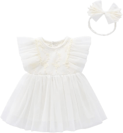 Newborn Infant Baby Girl Toddler Christmas Birthday Outfits Flower Print Soft Christening Baptism Dress with Bonnet White Floral Tulle 3-6 Months