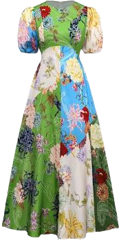1940s Floral Doodle Puff Sleeve Dress