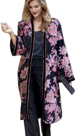 Floral and Leaf-Themed Sequin Embroidery Kimono Jacket