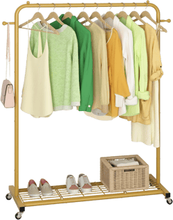 Sywhitta Clothes Rack on wheels, Clothing Rack with Bottom Mesh Storage Shelf,Sturdy Metal Frame,Rolling Garment Rack for Hanging Clothes,Coats,Skirts,39.76" L x 16" W x 64.56" H,Golden