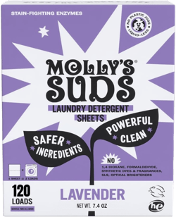 Molly’s Suds Laundry Detergent Sheets | Gentle on Sensitive Skin, Powerful Bio-Based Enzymes, Stain-Fighting | Liquidless & Plastic-Free Packaging | 120 Loads (Lavender) Lavender 60 Count (Pack of 1)