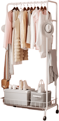 Clothes Rack with Wheels, Clothing Rack with Metal Basket and Side Bar, Clothing Rack for Hanging Clothes,Multi-functional Bedroom Clothes Rack, White