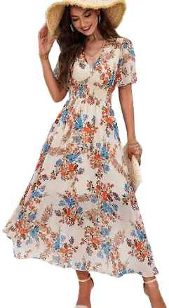 Floral Short Sleeve Smocked Chiffon Dress