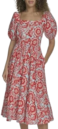 Falling Flowers Women's Cotton Square Neck Puff Sleeve Flounce Tiered Midi Dress