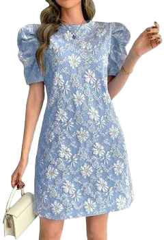 Puff Short Sleeve Flower Mini Dress
