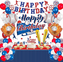 Baseball Birthday Party Decorations, Baseball Balloons Party Supplies, Including 40 Navy Blue Balloons, Theme Background, Tablecloth, Happy Birthday Banner, Cupcake/Cake Toppers