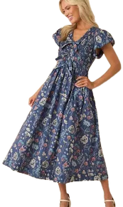 Red Dress Women's Subtle Shift Floral Print Cotton Midi Dress