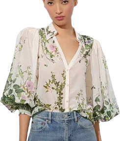 Alice + Olivia Charis Tropical-Print Cotton-Silk Blouse