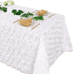 Fanqisi White 3D Floral Satin Raised Rosettes Tablecloth Rectangular 90x132 Inches Rosette Tablecloth for Wedding Baby Shower Table Bridal Shower Meeting Events Decoration 90" x 132" (Rectangular) White