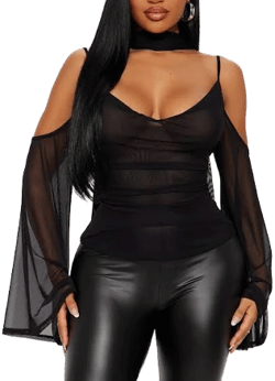 Fashion Nova Cut Out Long Sleeve Mesh Cowl Neck Blouse