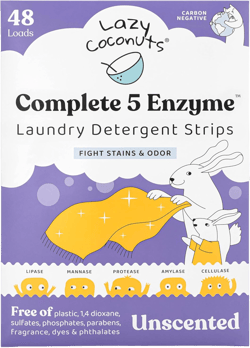 Complete 5 Enzyme Laundry Detergent Strips - Unscented, 48 Loads - Sulfate Free Laundry Detergent With Solid And Liquid Enzymes - Fights Natural Stains and Odor