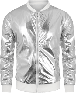 Lars Amadeus Shiny Varsity Jacket for Men's Lightweight Metallic Zip Up Baseball Bomber Jacket Large Silver White